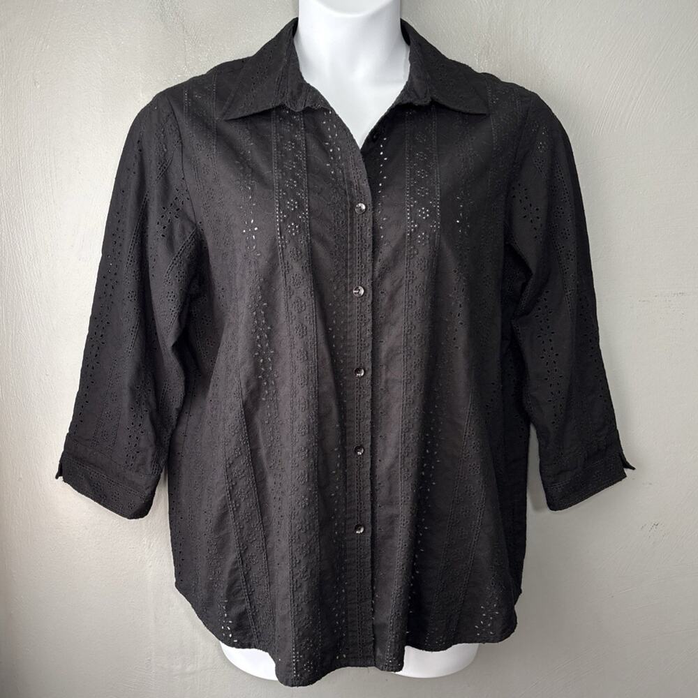 St Johns Bay Eyelet Shirt Plus Size 1X Black Button Up Embroidered Cottagecore